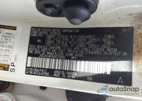 2006 Toyota 4Runner Sr5 Sport V6/Sr5 V6 z USA, uszkodzony, nr VIN JTEZU14R260070582